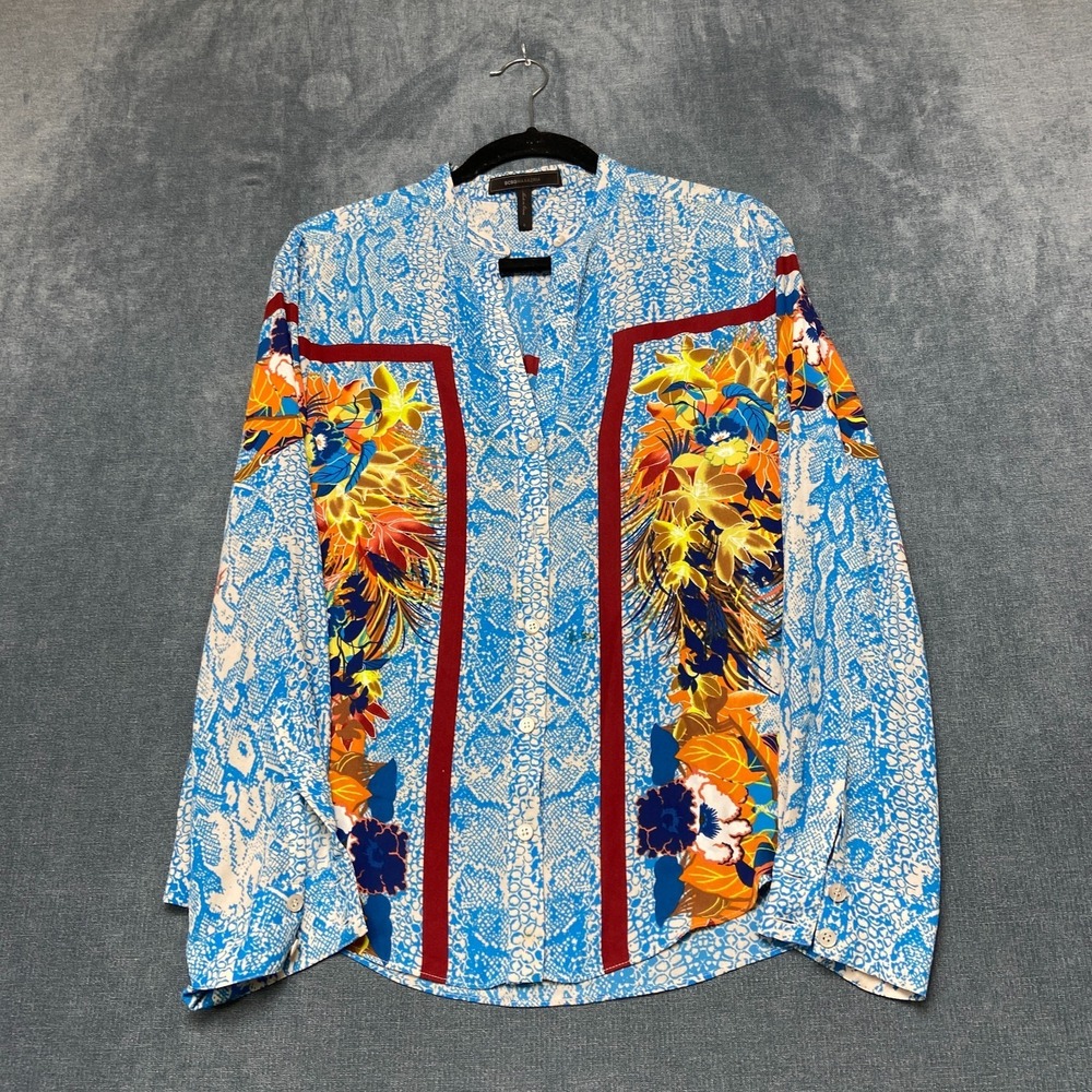 BCBG Max Azria Blouse Top Women Small Blue White Snake Floral Print Button Front